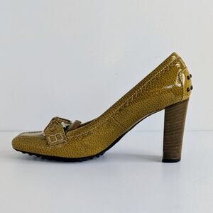 TOD'S Heeled Loafers 6.5 Patent Croc Embossed Leather Block Heel Pumps